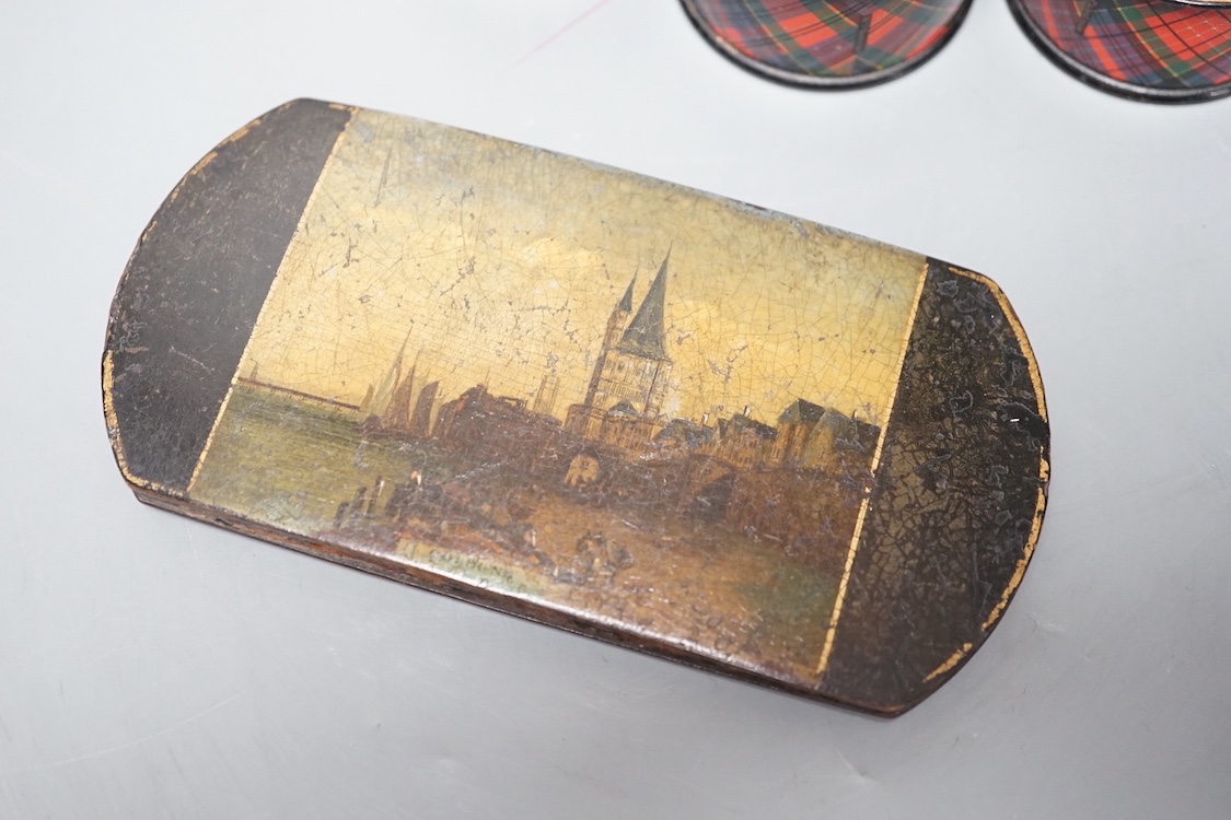 A German papier mache spectacles case and five Tartan ware napkin rings